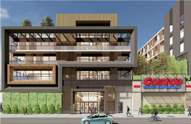 Architectural rendering of a modern multi-story building with Costco Wholesale storefront on the ground floor. The design features prominent wooden slats on the balconies and large glass windows. People are casually walking by and a cyclist is passing in front, with a green car parked nearby.